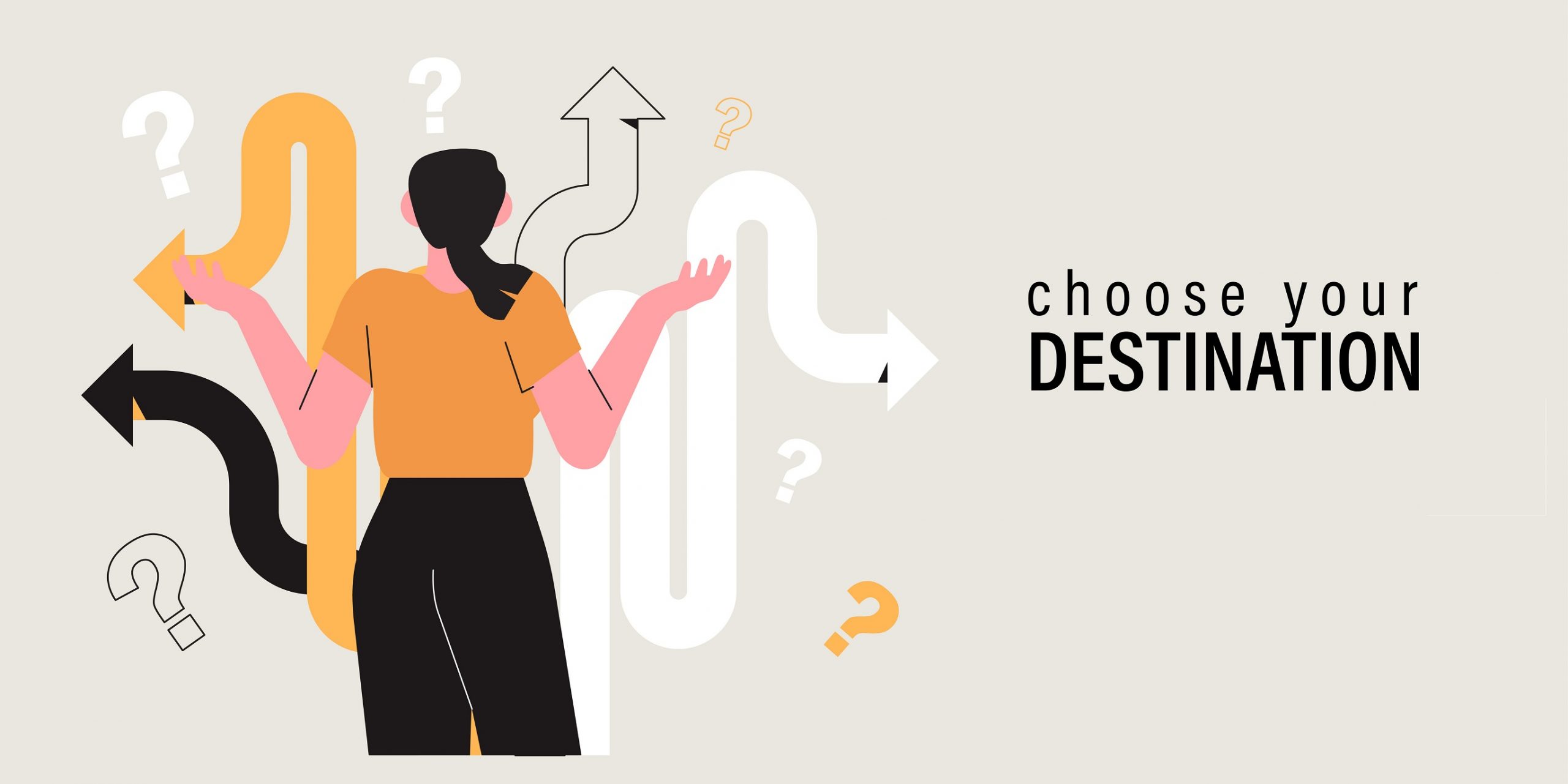 Vector with a businesswoman standing in front of multiple arrows trying to make a decision