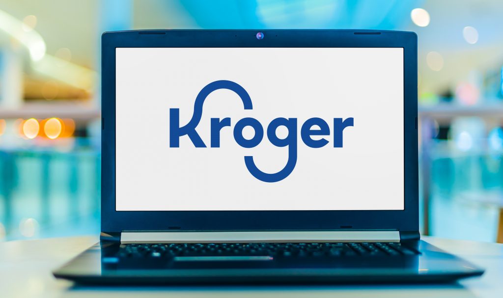 Laptop computer displaying logo of Kroger