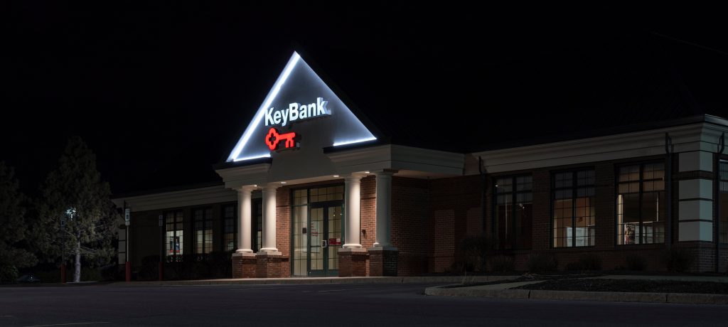 KeyBank branch lit up in the night