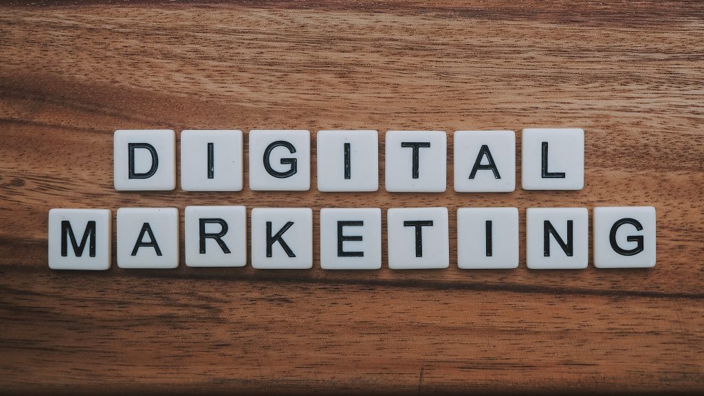 Game pieces forming the words digital marketing