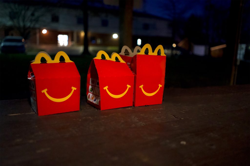 McDonald's happy meal boxes arranged one next to the other
