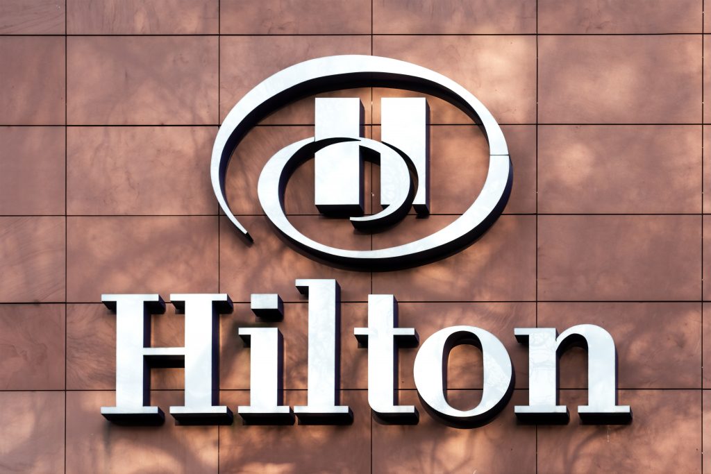 Frankfurt,Germany, 03/01/2020: The sign for a Hilton Hotel in Fr