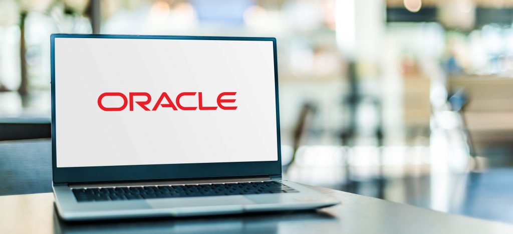Laptop computer displaying logo of Oracle Corporation