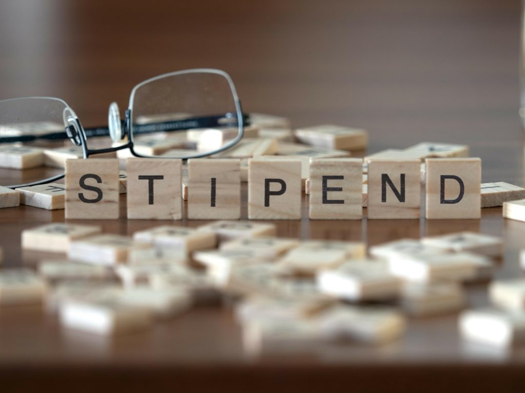 stipend word or concept represented by wooden letter tiles on a